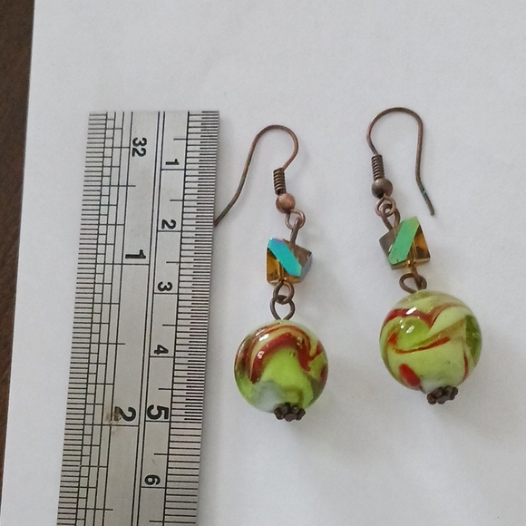 Green Swirled Glass Earrings Lamp Work 2" - Picture 3 of 4
